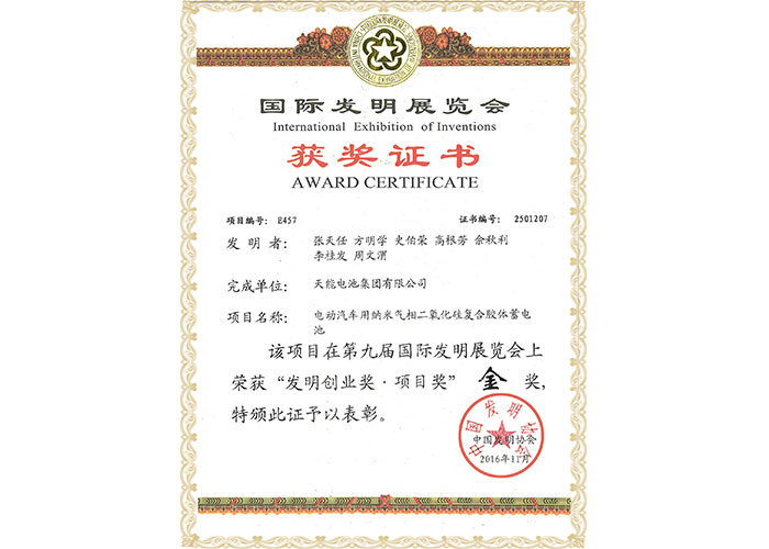 Gold Award of patent invention (nano fumed silica composite colloid battery for electric vehicle)